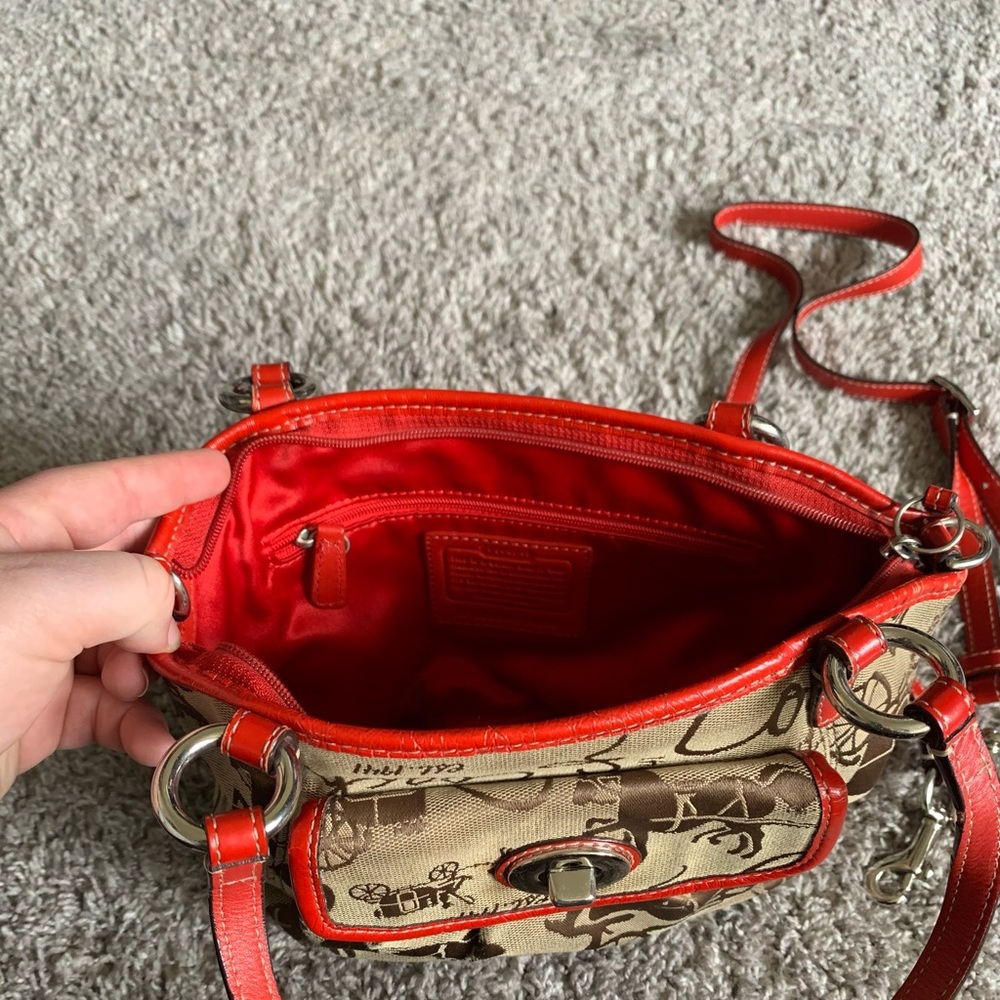 Coach purse with red and tan carriage print. - Picture 3 of 5